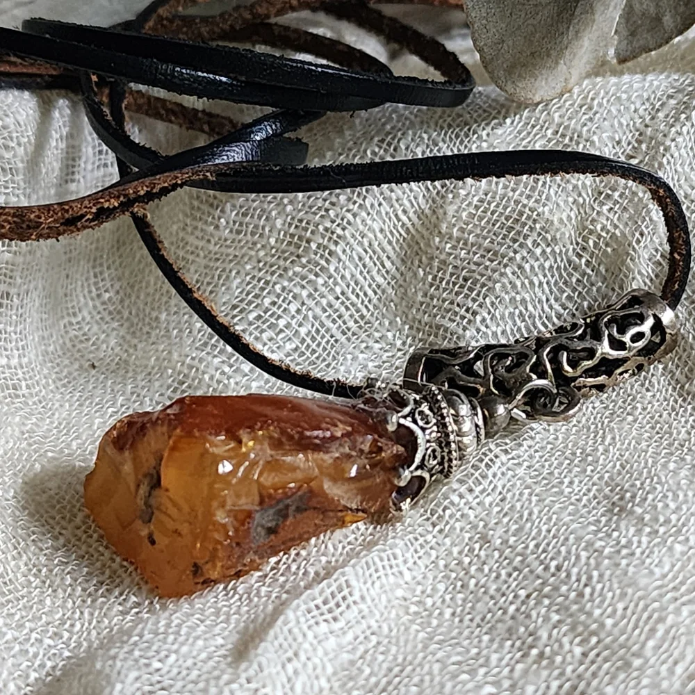 Amber Jewelry Boho Tribal Talisman AMBER NUGGET PENDANT Genuine Leather Cord